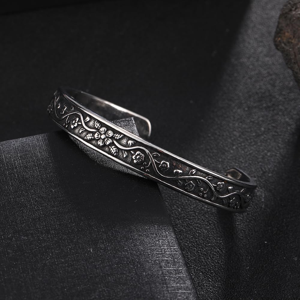 YWMAN Vintage Floral Cuff Bracelet, Stainless Steel Flower Bangle Bracelets for Women - Image 3