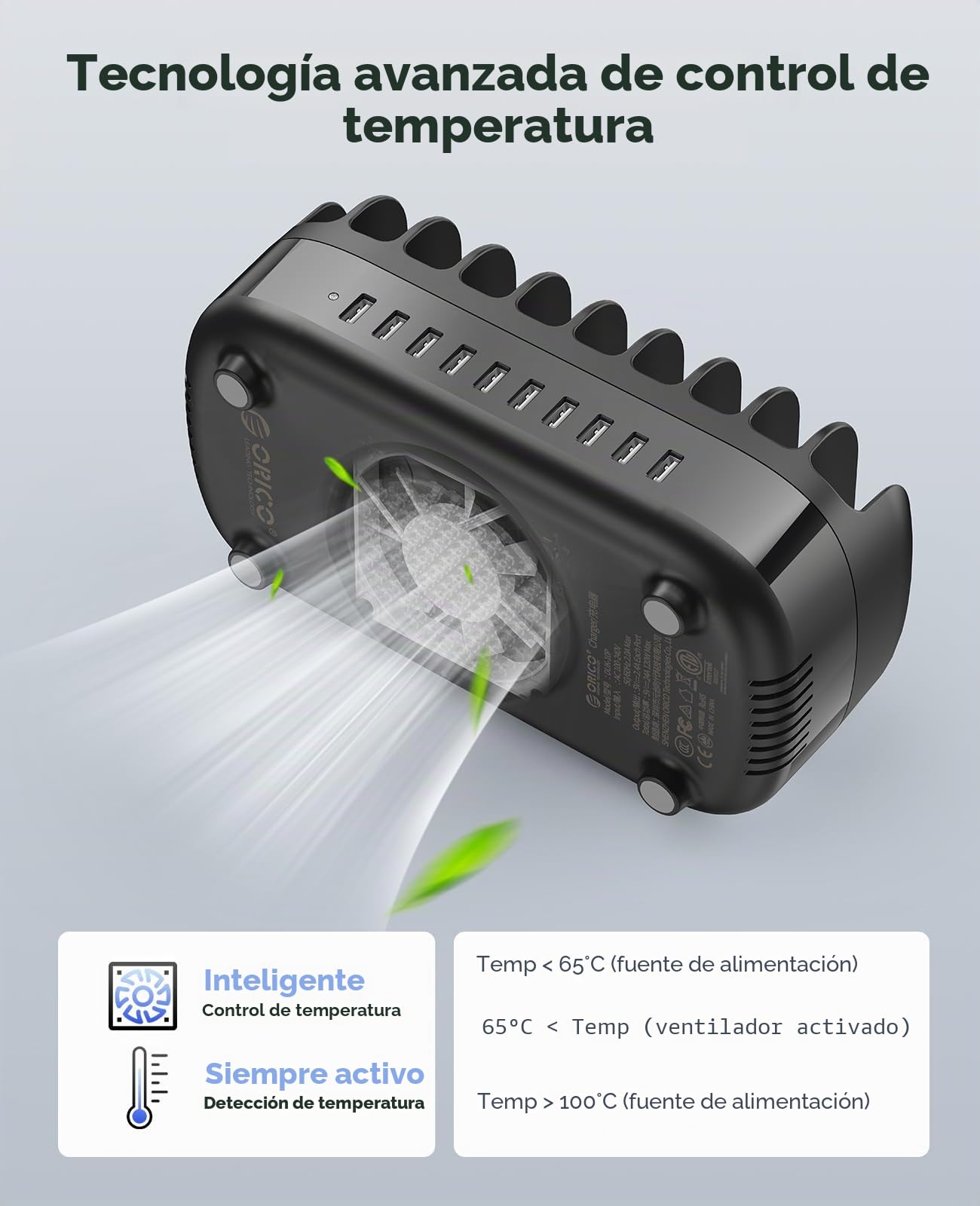 ORICO 120W Estación De Carga para Múltiples Dispositivos, 10 Puertos USB Estación De Carga con Ventilador De Refrigeración, Compatible con iPhone, iPads, Android y Tabletas, Negro