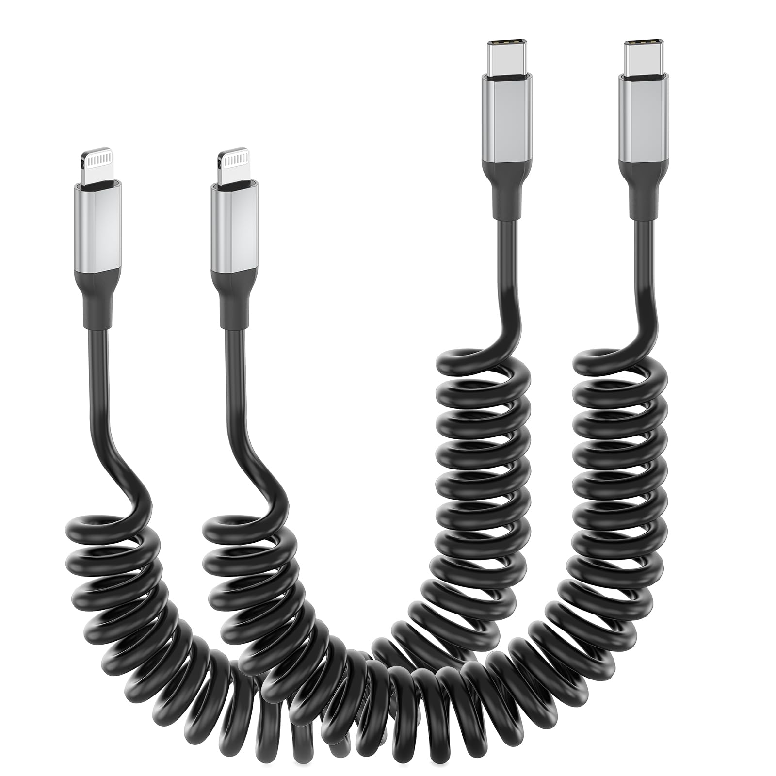 Acecene Cavo a spirale da USB C a Lightning [2 pezzi], MFi Certified Carplay cavo di ricarica iPhone corto, 2.4A USB C a Lightning per iPhone 14 13 12 11 Pro Max X XS XR 8 7 6 Plus SE – Nero