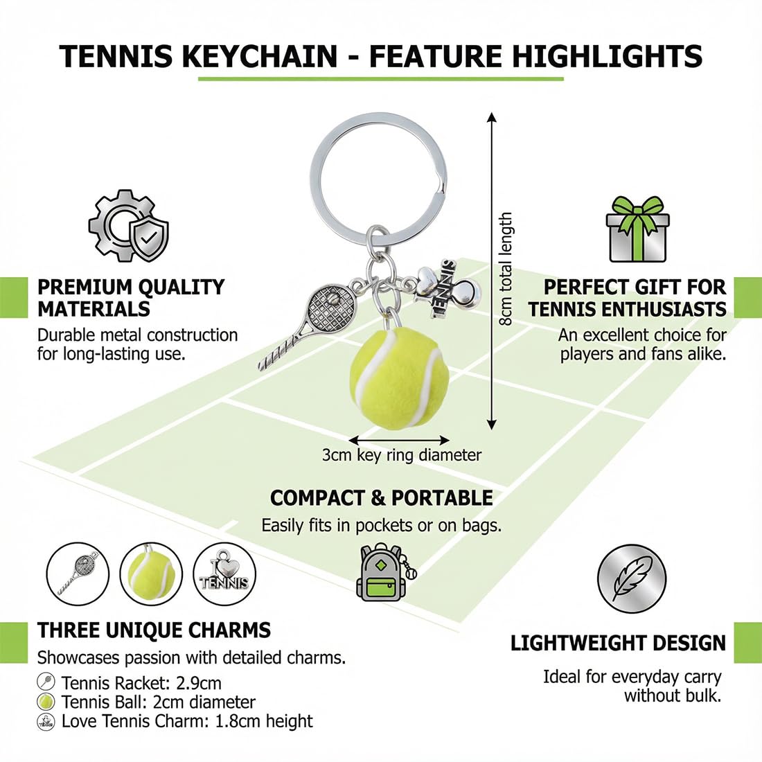 Portachiavi Tennis Racchetta in Acciaio Inox, Accessori Regali per Amanti del Tennis