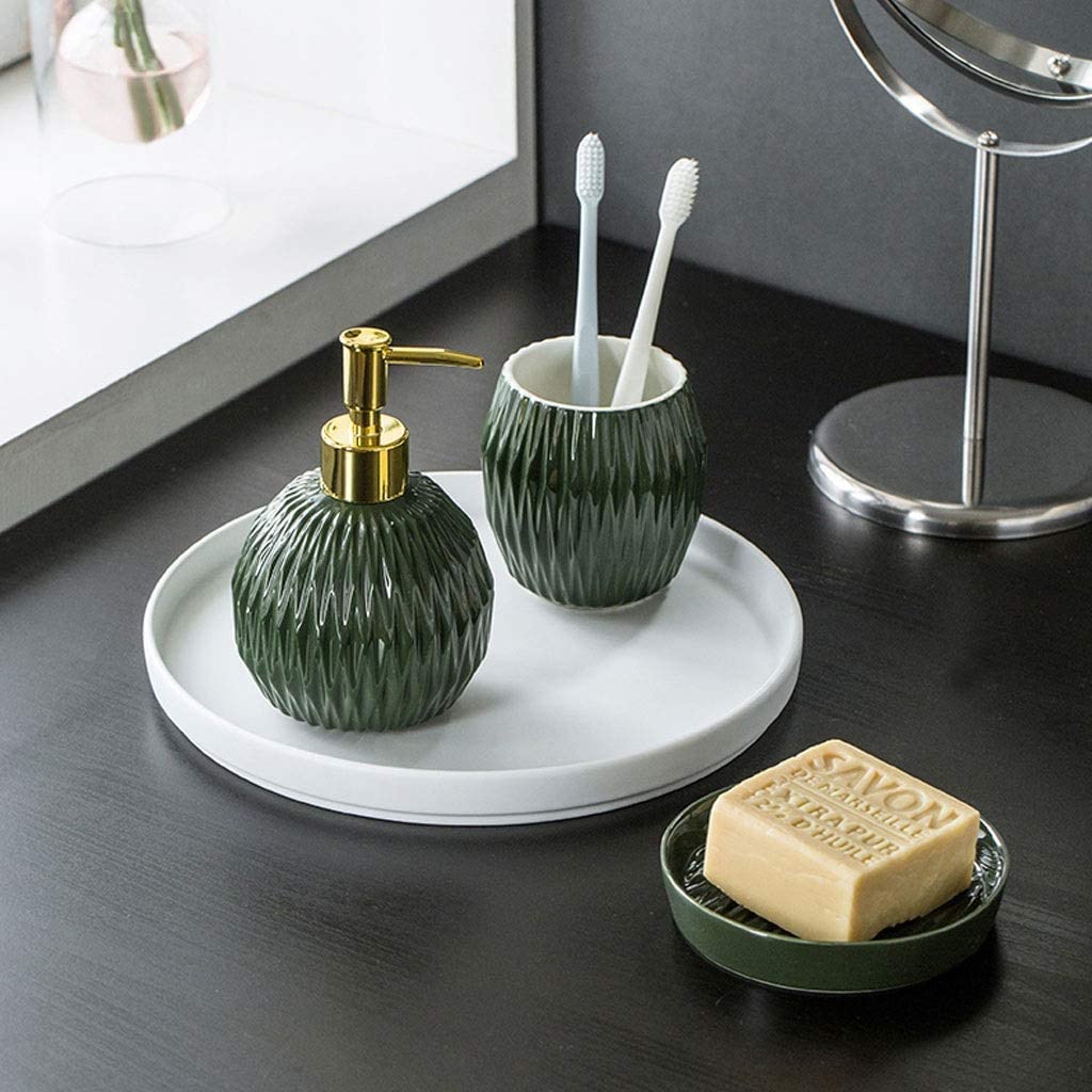 Dispenser per Lozioni, Dispenser Di Sapone In Ceramica Grande Capacità Da 3 Pezzi Forniture Per Il Bagno Dell'hotel Per La Casa Bottiglia Lozione Per A Pressione Bagno, Piano di Lavoro(3pc-Green suit)