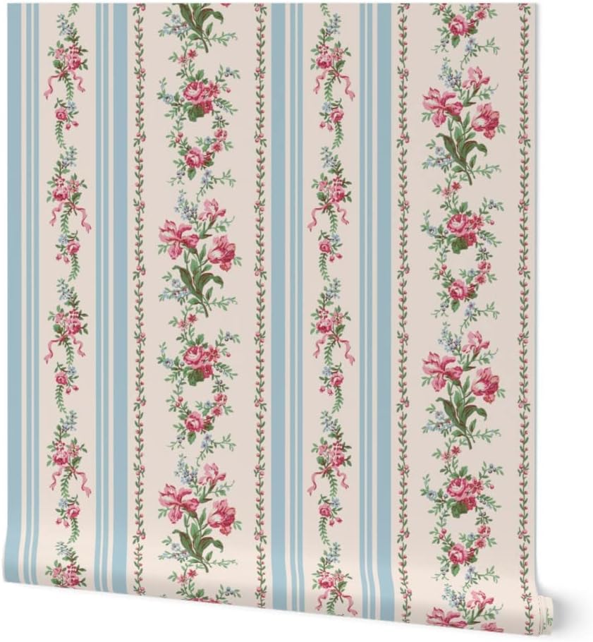 Peel & Stick Wallpaper Swatch - Grandmillenial Floral Stripe Pink Cream Blue Shabby Chic Custom Removable Wallpaper by Spoonflower