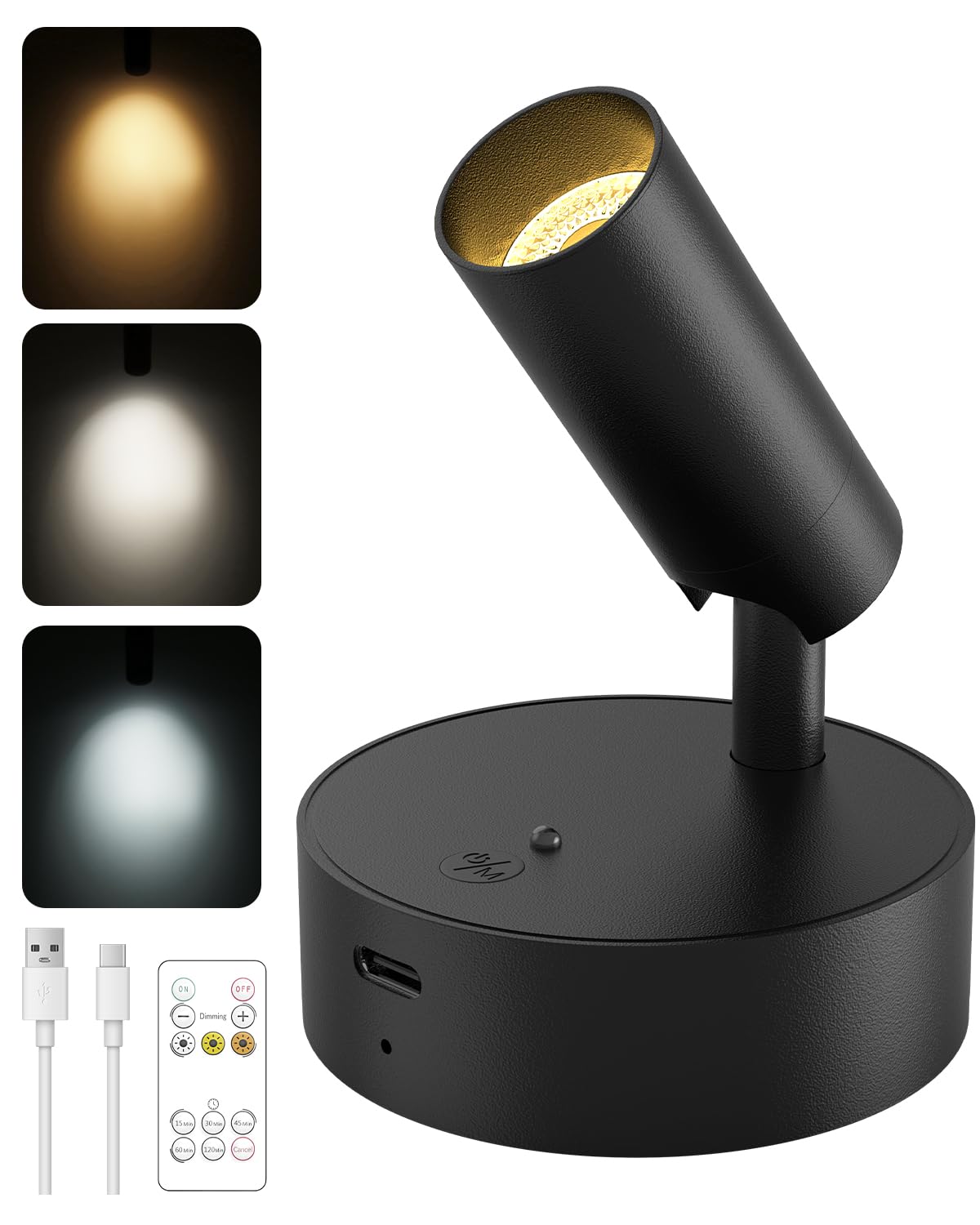 Kabellose Spotlight Aufladbar Wandstrahler Innen mit 3000mAh Akku, 3 Farben Dimmbar Wandspot mit Timing Fernbedienung, Schwarz Akku Wandleuchte für Bilderbeleuchtung Pflanzenbeleuchtung [1er Set]