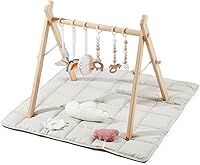 Little Dove Wooden Baby Gym with Mat & 9 Sensory Toys - Foldable Montessori Play Center, Natural Pine Wood