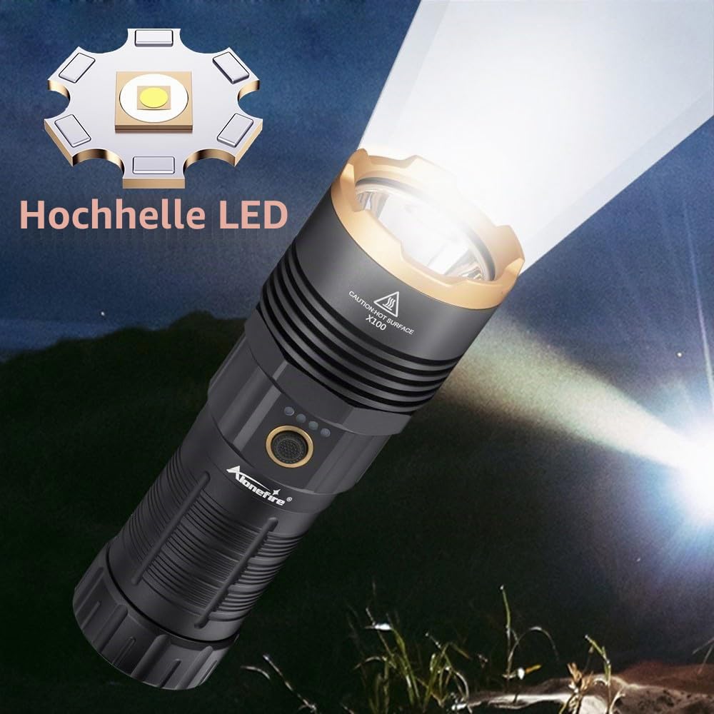 Alonefire X100 LED Taschenlampe 2050 Lumen Superhell USB C Aufladbar 5 Einstellbare Modi Wasserdichte Rückwärtsladung mit Akku für Camping, Notfälle, Wandern, Zuhause