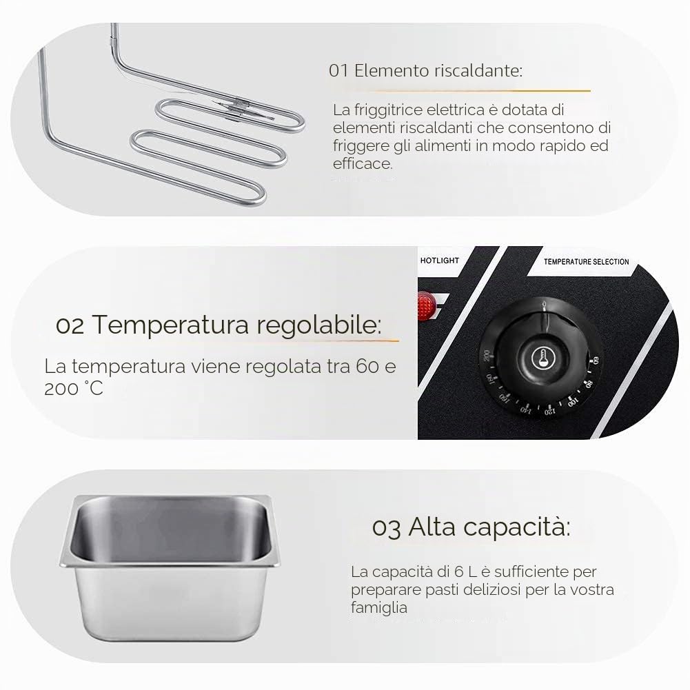Friggitrice Elettrica Professionale 6L Doppia per Catering - Set Completo per Patatine Fritte, Pollo - 44 x 28,5 x 28 cm, 2,2 KW