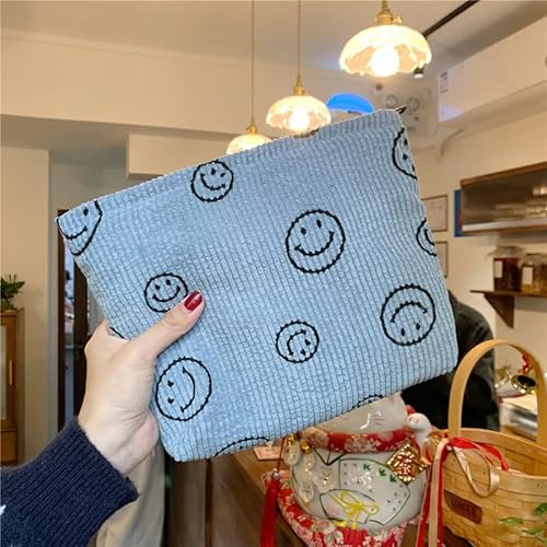 Pazimiik Makeup Bag Large Zipper Make Up Pouch For Purse Travel Canvas Cosmetic Organizer For Women Brush Storage,Corduroy Smile Blue #TOP6