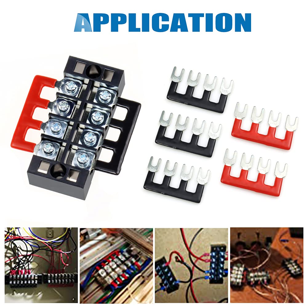 FIXITOK Terminal Blocks, 5 Sets 4 Positions 600V 25A Electrical Terminal Junction Block with Cover Bus Bar Dual Row Screw Terminal Strip + 400V 25A Pre-Insulated Barrier Strip Jumper