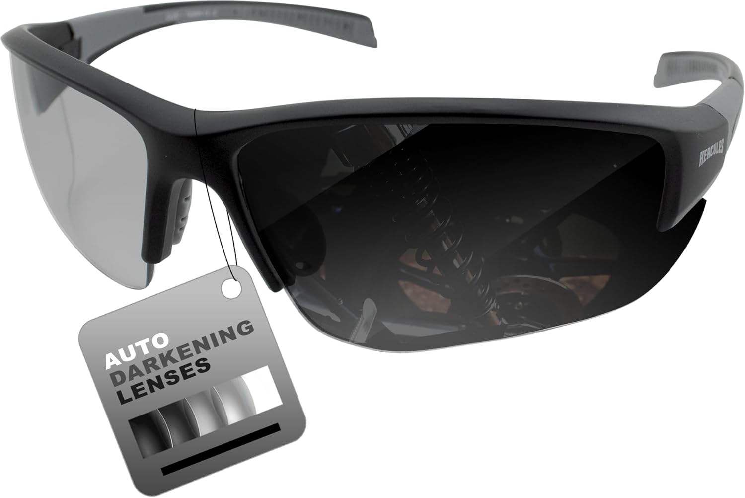 Global Vision Eyewear Hercules-7 Auto Darkening Safety Motorcycle Sunglasses ANSI Z87+ Black with Clear to Super Dark Photochromic ShadowLuxe Lenses