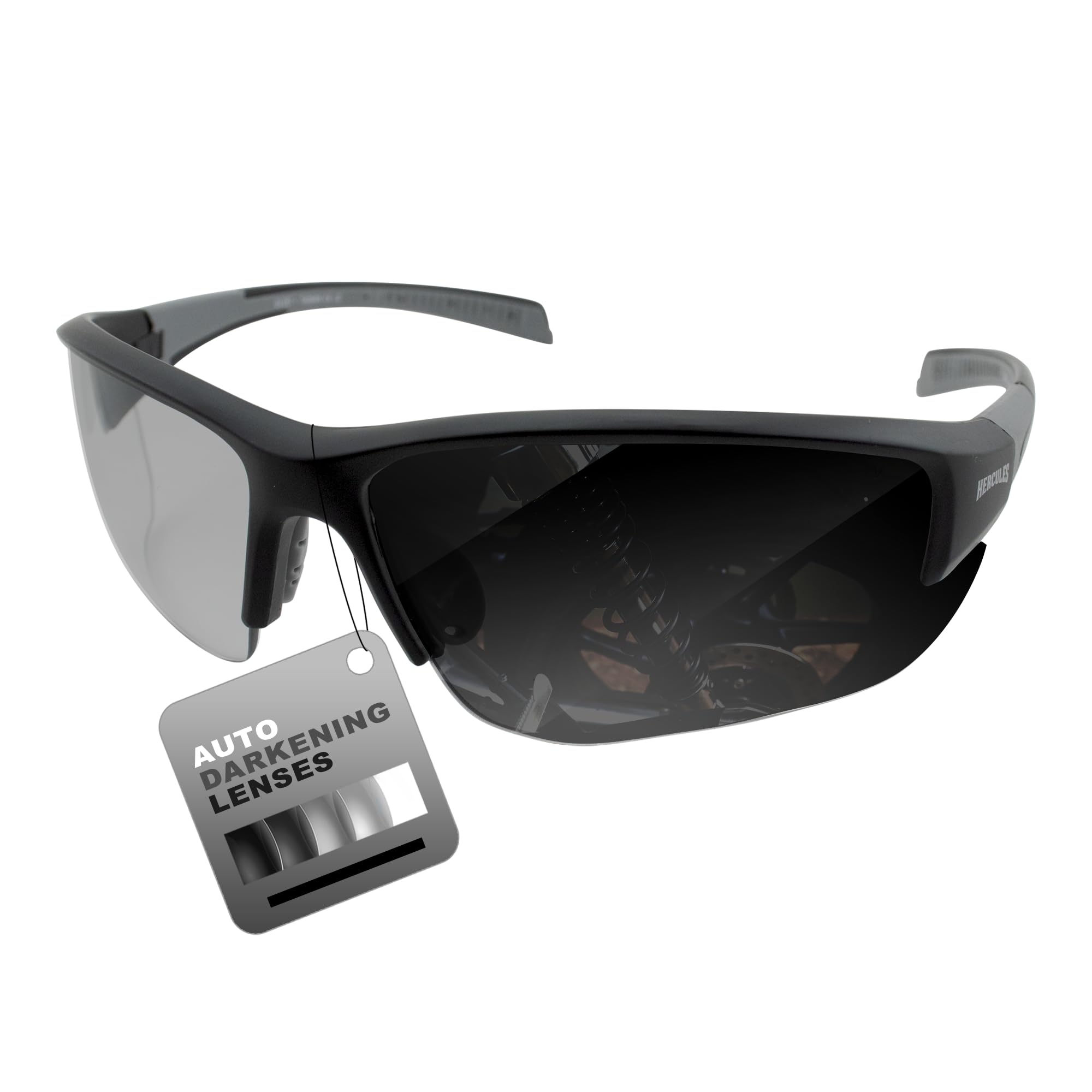 Global Vision Eyewear Hercules-7 Auto Darkening Safety Motorcycle Sunglasses ANSI Z87+ Black with Clear to Super Dark Photochromic ShadowLuxe Lenses