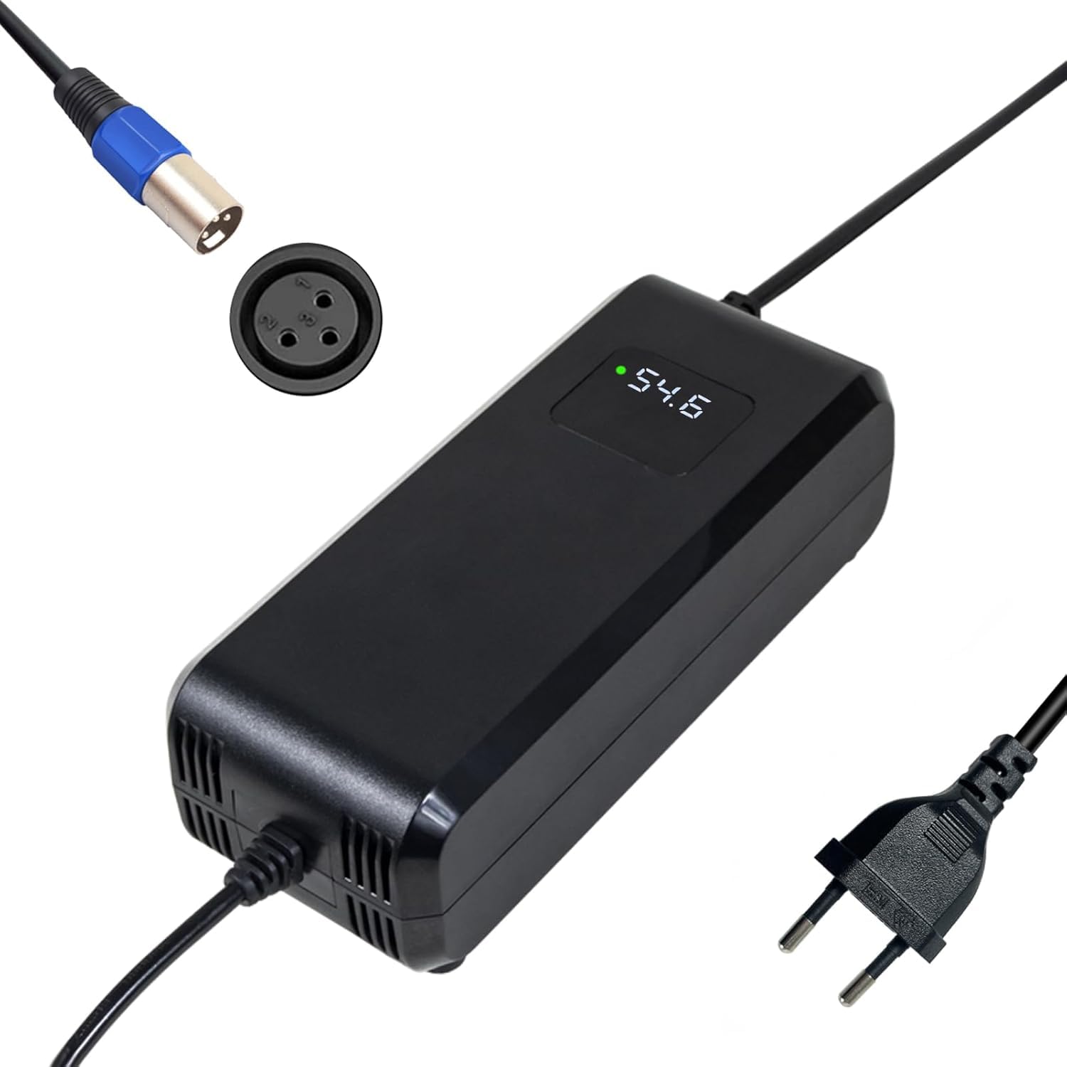 Caricatore 54,6 V 4 A agli ioni di litio 48 V, bicicletta elettrica e monopattino elettrico | Display LED, XLR a 3 pin, protezione multipla, funzione di riparazione e certificato CE per una ricarica sicura e affidabile.