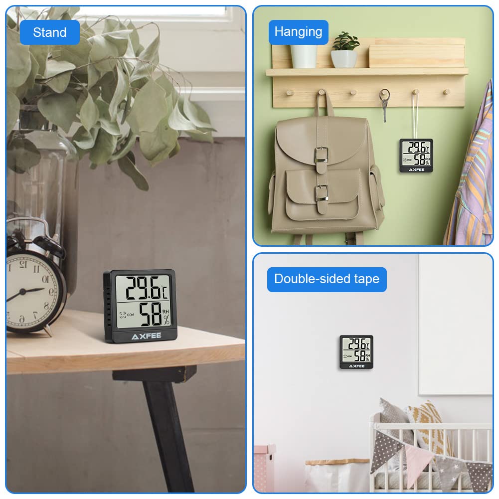 AXFEE Mini termometr LCD, termometr wewnętrzny, higrometr, bezprzewodowy, miernik wilgotności powietrza do pokoju dziecięcego, salonu, biura, szklarni (czarny) 2 sztuki