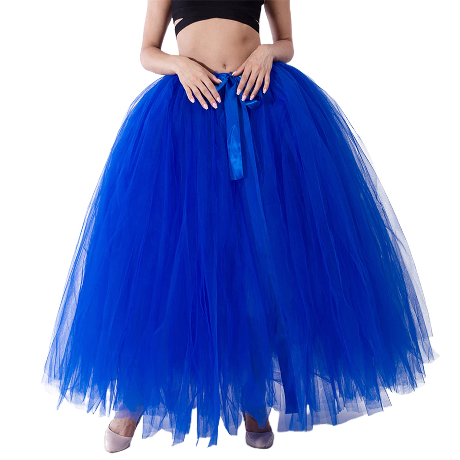 Falda larga tutú de cintura alta con capas de tul maxi faldas hinchadas hasta el suelo, boda, fiesta, con cinturón Bowknot, zafiro, Talla única