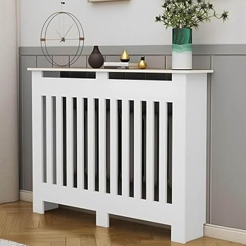 White MDF Radiator Cover Cabinet with Shelf,Modern Vertical Slatted Grill Design Heating Cover Wall Cabinet,for Living Room,Home Decorative Heating Cabinet Radiator Accessories, 39.4" Lx31.5 Hx9.8 W
