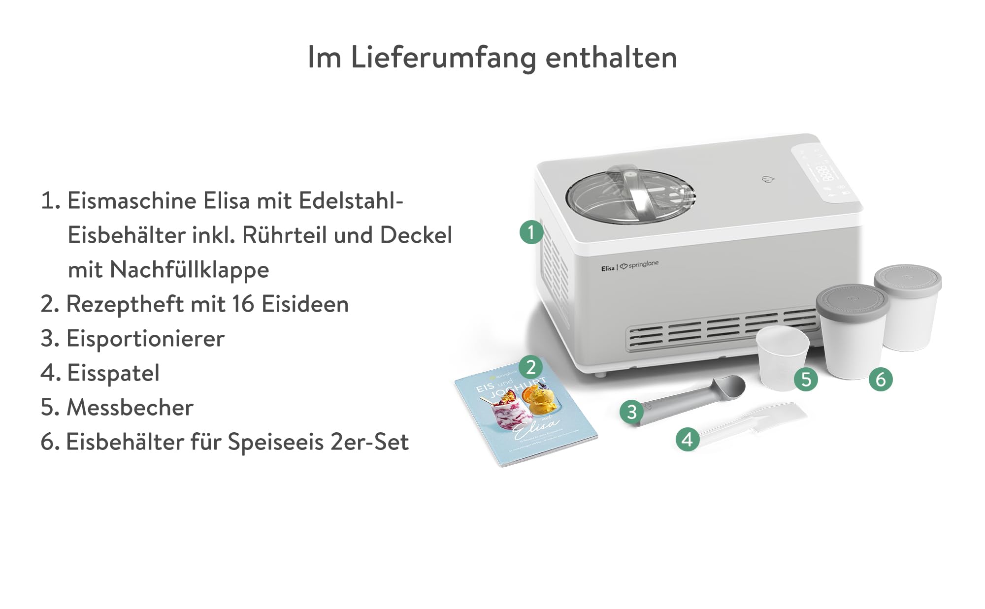 SPRINGLANE Eismaschine & Joghurtbereiter Elisa 2,0 L mit selbstkühlendem Kompressor 220 W, aus Edelstahl mit Kühl- und Heizfunktion (Elisa Silber, Eismaschine + 2 Eisbehälter Grau)