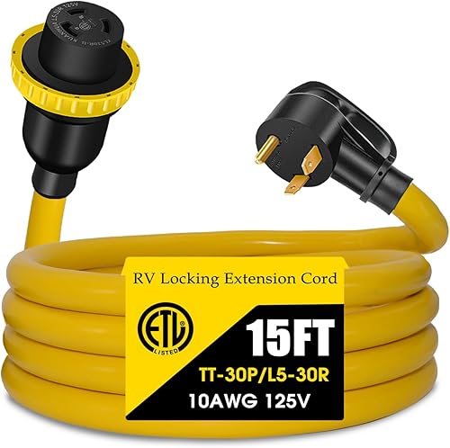 Cable de extensión de alimentación RV de 30 amperios y 15 pies, bloqueo giratorio, NEMA TT-30P macho a NEMA L5-30R, resistente 3 clavijas de calibre