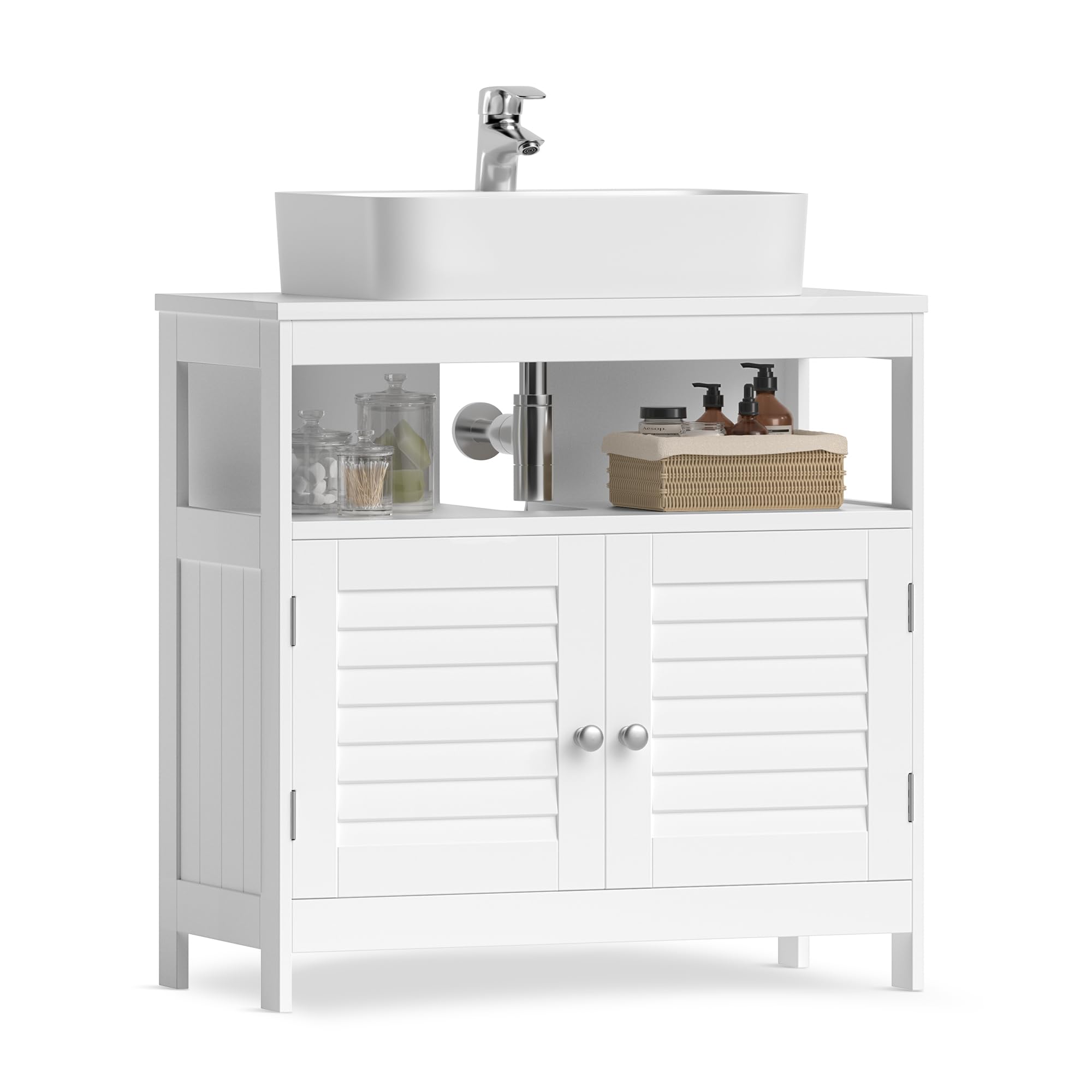 VASAGLE Mobile Sottolavabo per Bagno, Mobiletto da Bagno, 2 Ante a Persiana, Capiente, Design Moderno, 30 x 60 x 60 cm, Bianco BBC02WT