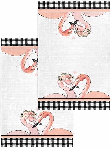 Kitchen Towel 2 Packs Cotton Waffle Weave, Valentine's Day Flamingos Heart 16 x 24 Inch Absorbent Quick Drying Dish Towels Clothes for Kitchen