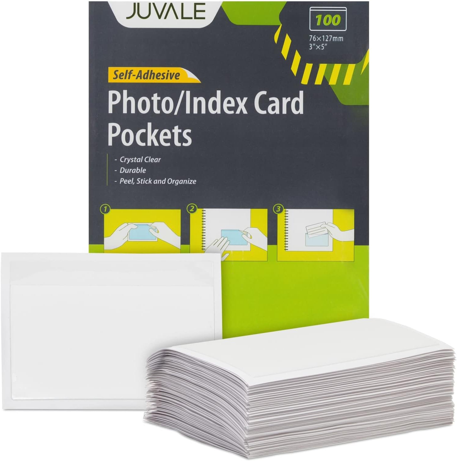100 Pack Clear Self-Adhesive Pocket Label Holders for Index Cards 3x5, Bulk Top Load Plastic Sleeves for Storage