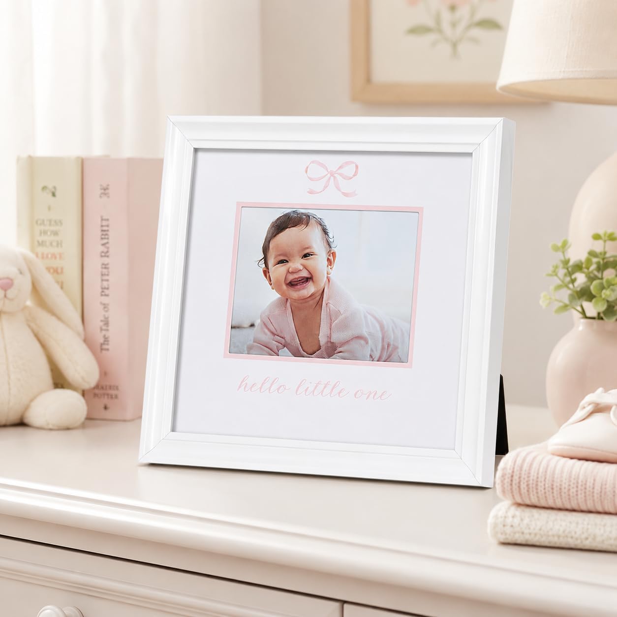 Kate & Milo Hello Little One Baby Photo Frame with Pink Bow, White | Keepsake Picture Frame, Holds 3.5” x 4.5” Photo, Nursery Decor, Newborn Picture Display, Baby or New Parent Gift