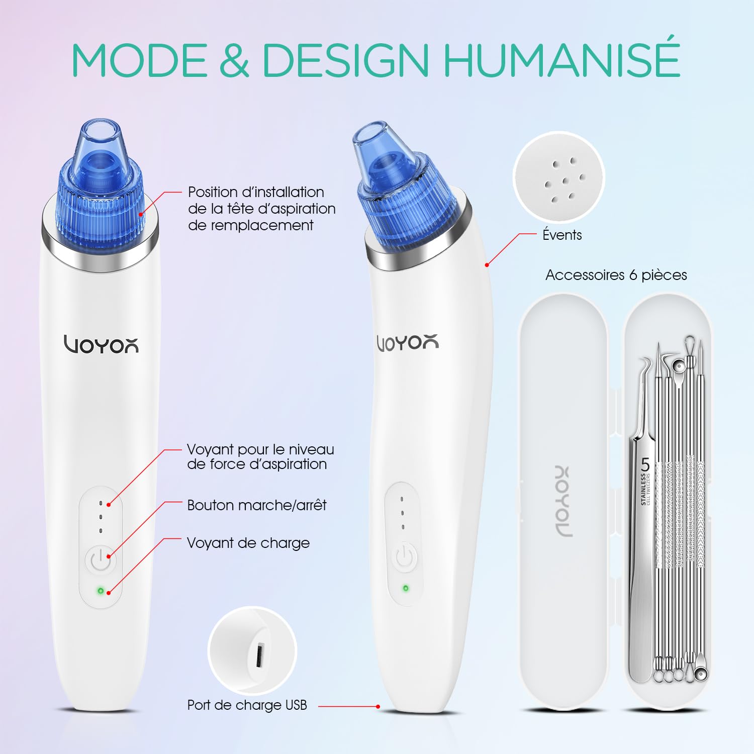 VOYOR 6 en 1 Aspirateur Point Noirs Professionnel Extracteur de Point Noir Electrique Tire Comedons Nettoyant de Pores Soin Visage Femme Blackhead Removal, 6 Sondes et 3 Modes, Rechargeable BR410