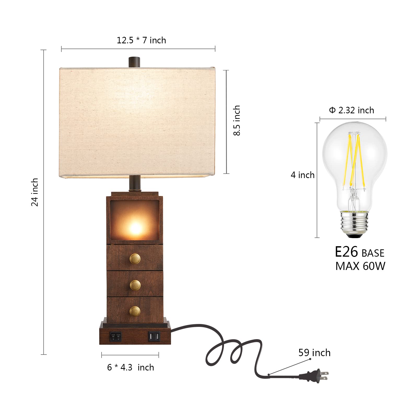 (similar) Farmhouse Rustic Table Lamps Set of 2 for Living Room Bedroom, Modern Lamp with Dual USB Ports, Vintage Nightlight Bedside Nightstand Lamps, Retro Wooden Desk Lamp for End Table, 4 Bulbs Included