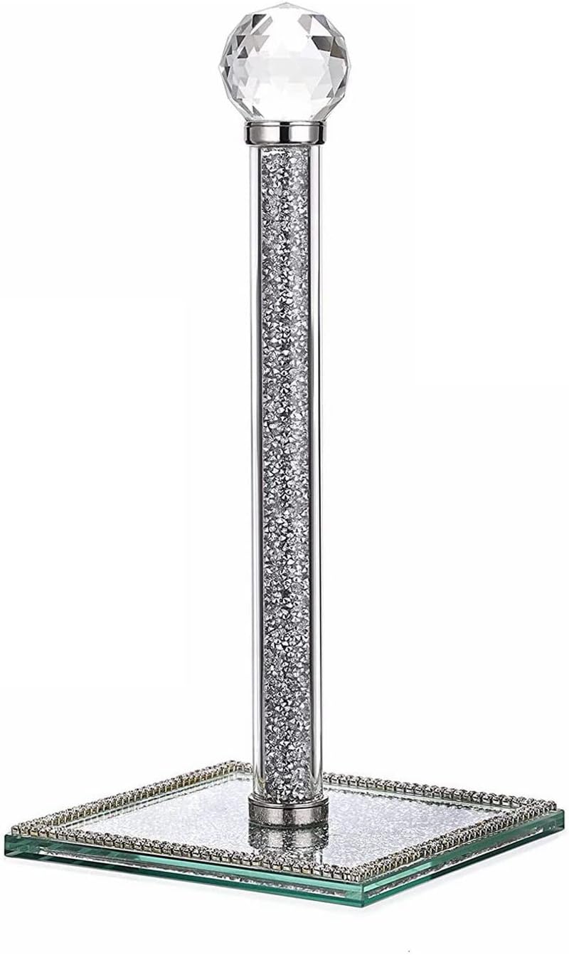 Handmade Silver Paper Towel Roll Holder, Filled with Sparkly Crystal Crushed Diamonds for Kitchen / Bathroom Towel Tissue Roll Countertop, 13 Inch Height 6.3 Inch Square Base Freestanding Holder