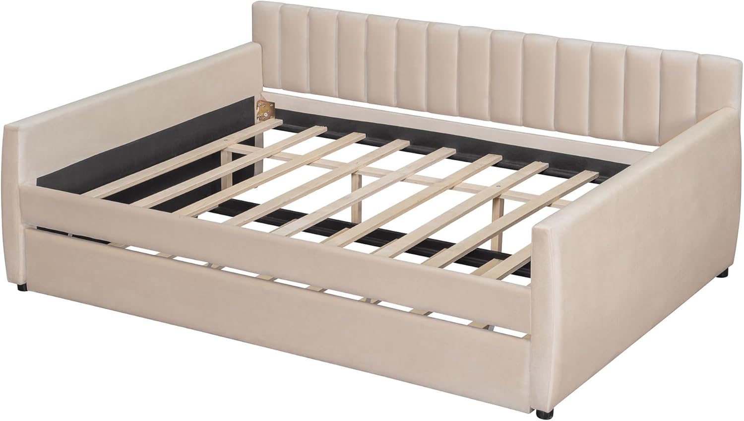 Full Size Upholstered Daybed with Trundle and Wood Slat Support, Velvet Fabric, Multi-Functional Storage, Beige, 82.10W x 56.10D x 31.50H in
