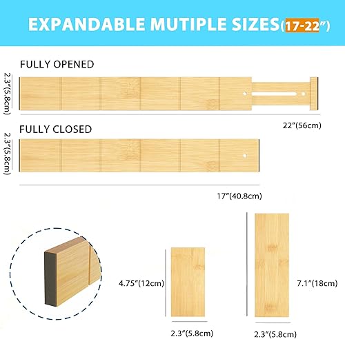 Miniatura 4 de Paquete de 6 separadores de cajones de bambú con 12 insertos, organizadores de cajones de ropa ajustables expandibles y almacenamiento de 17 a 22