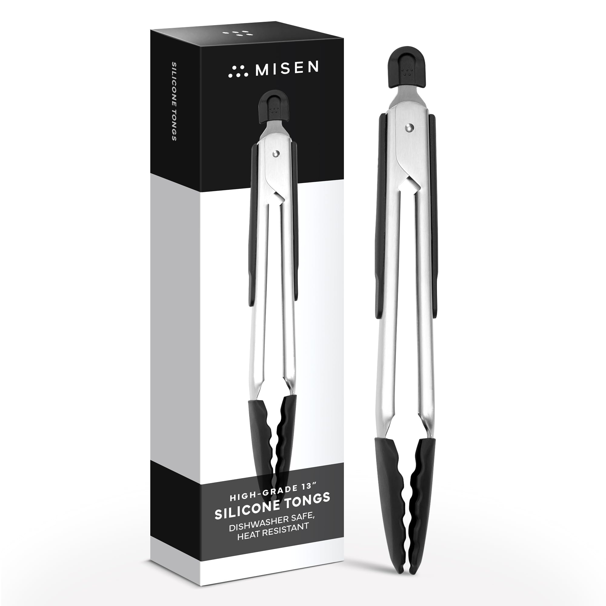 Misen Pinzas para cocinar con puntas de silicona – Pinzas de cocina de acero inoxidable – Pinzas para cocinar alimentos – 12 pulgadas – Negro