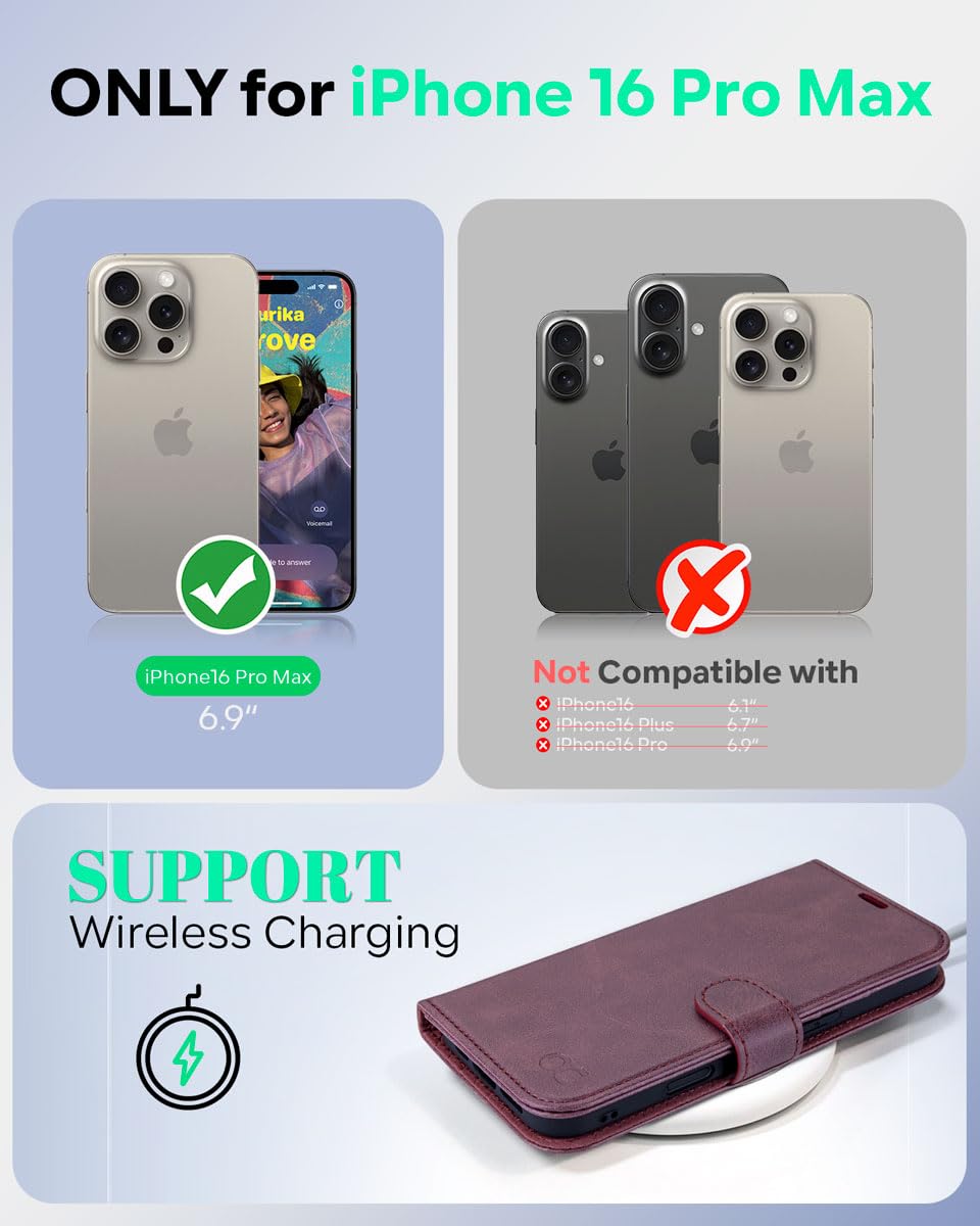 OCASE for iPhone 16 Pro Max Case, PU Leather Wallet, Magnetic Flip Folio Cover with RFID Blocking, Card Holders - Image 2