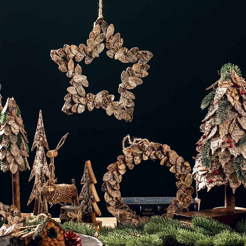 B,Corona de Navidad, Decoraciones navideñas de Madera, Decoración navideña con Guirnalda, Decoración Colgante de la Puerta de Pared de Navidad, Decoración Colgante de Corteza de Abedul