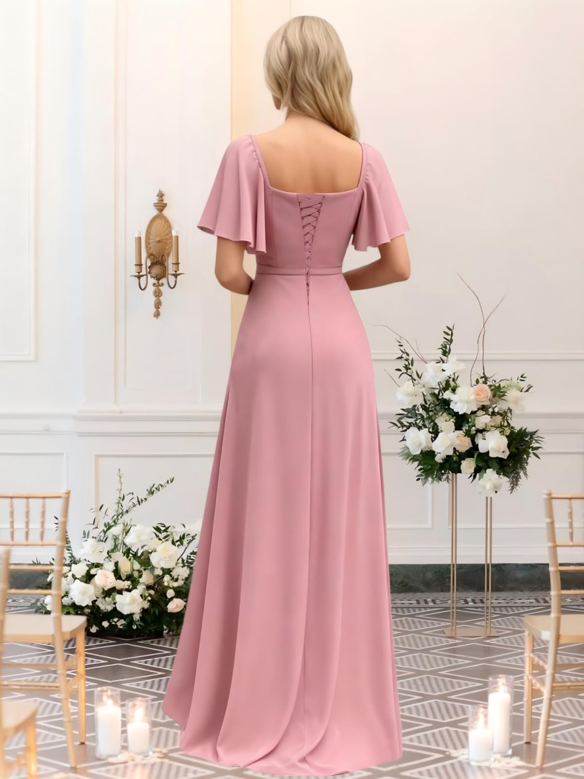 Damen Kurzarm Brautjungfernkleider Lang Chiffon Abendkleid Rüschen A Line Formelles Maxi Festkleid Für Hochzeitsgast