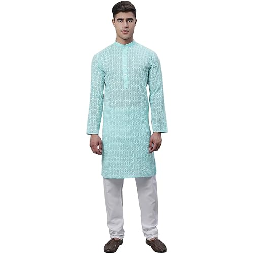 Men's Pure 100% Cotton Kurta Pyjama Set with White Embroidery