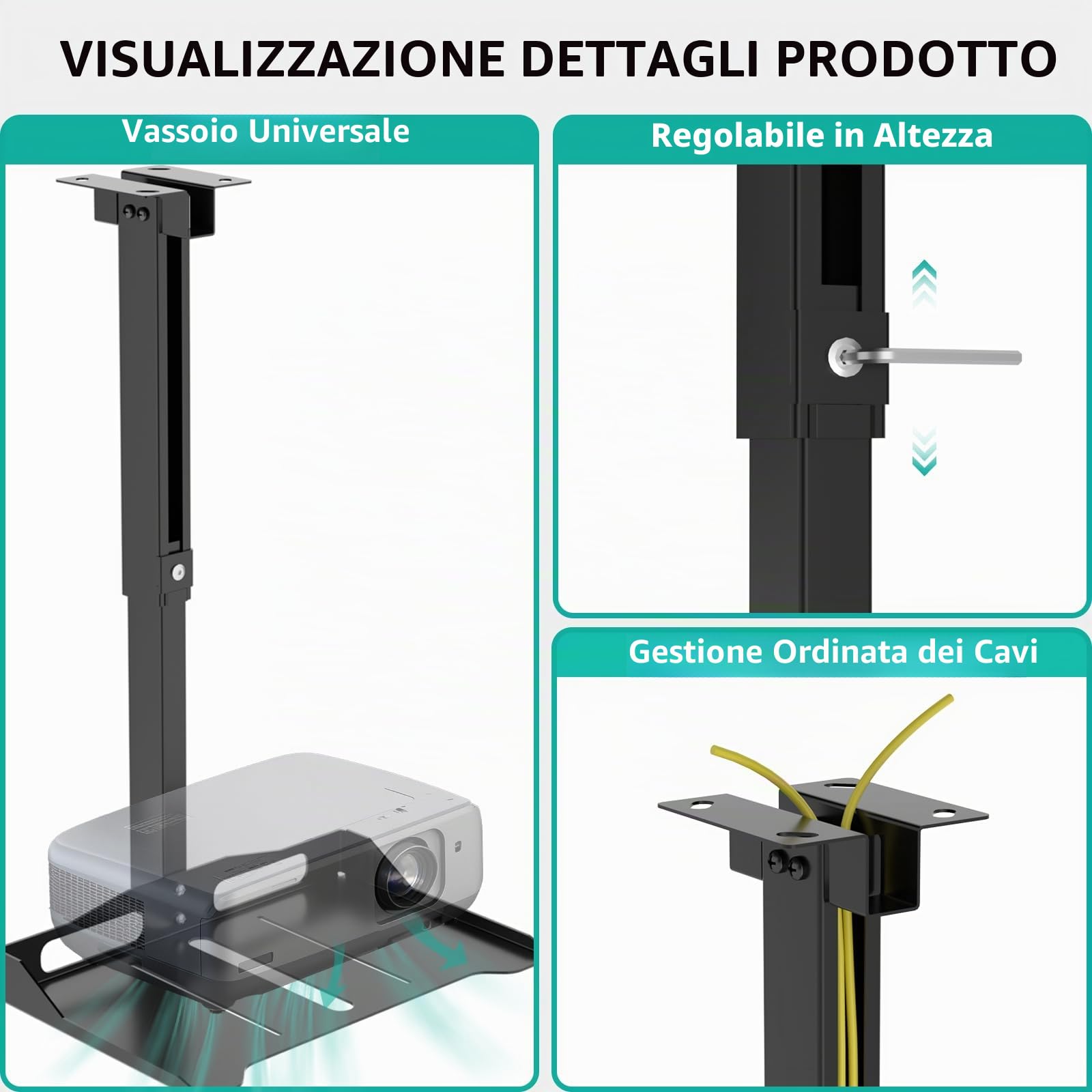 WALI Supporto Proiettore Soffitto e Parete, Staffa Proiettore Regolabile in Altezza da 57,8 a 76,8 cm, Supporto Installazione Senza Foratura, Supporta fino a 10 kg(PM-005-B), Nero
