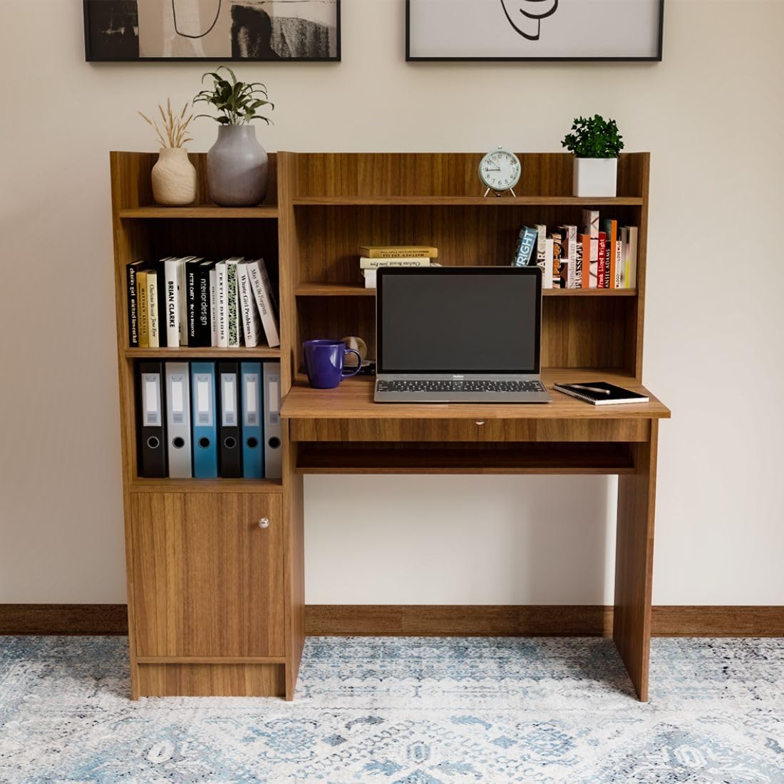 Phoenix Engineered Wood Study Table with Bookshelf and Storage, 116 x 42 x 121 cm, Multiple Storage Compartments, Finish – Leon Teak