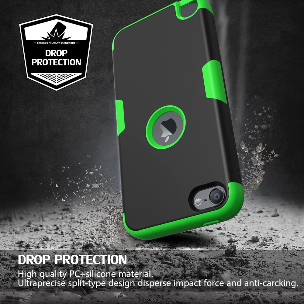 Callyue iPod Touch Case Compatible Apple iPod Touch 5th 6th & 7th Generation, PC + Silicone 2-in-1 Cover Protective Case for iPod Touch 7/6 / 5 - Black + Grass Green