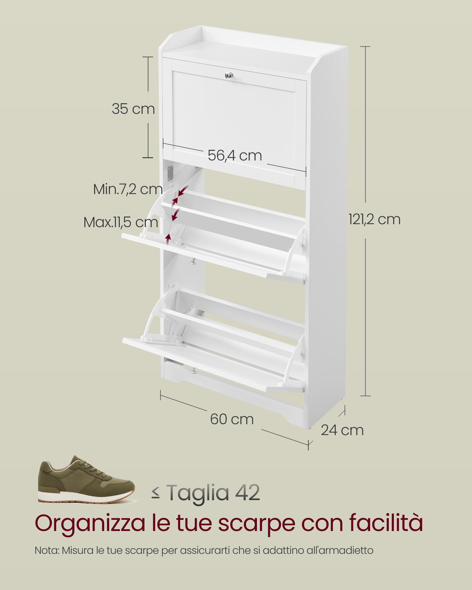 VASAGLE Scarpiera con 3 Scomparti a Ribalta, Scarpiera Salvaspazio, Divisori Regolabili, Portascarpe per fino a 12-20 Paia di Scarpe, Ingresso Corridoio, 24 x 60 x 121,2 cm, Bianco Nuvola LBC036WB01
