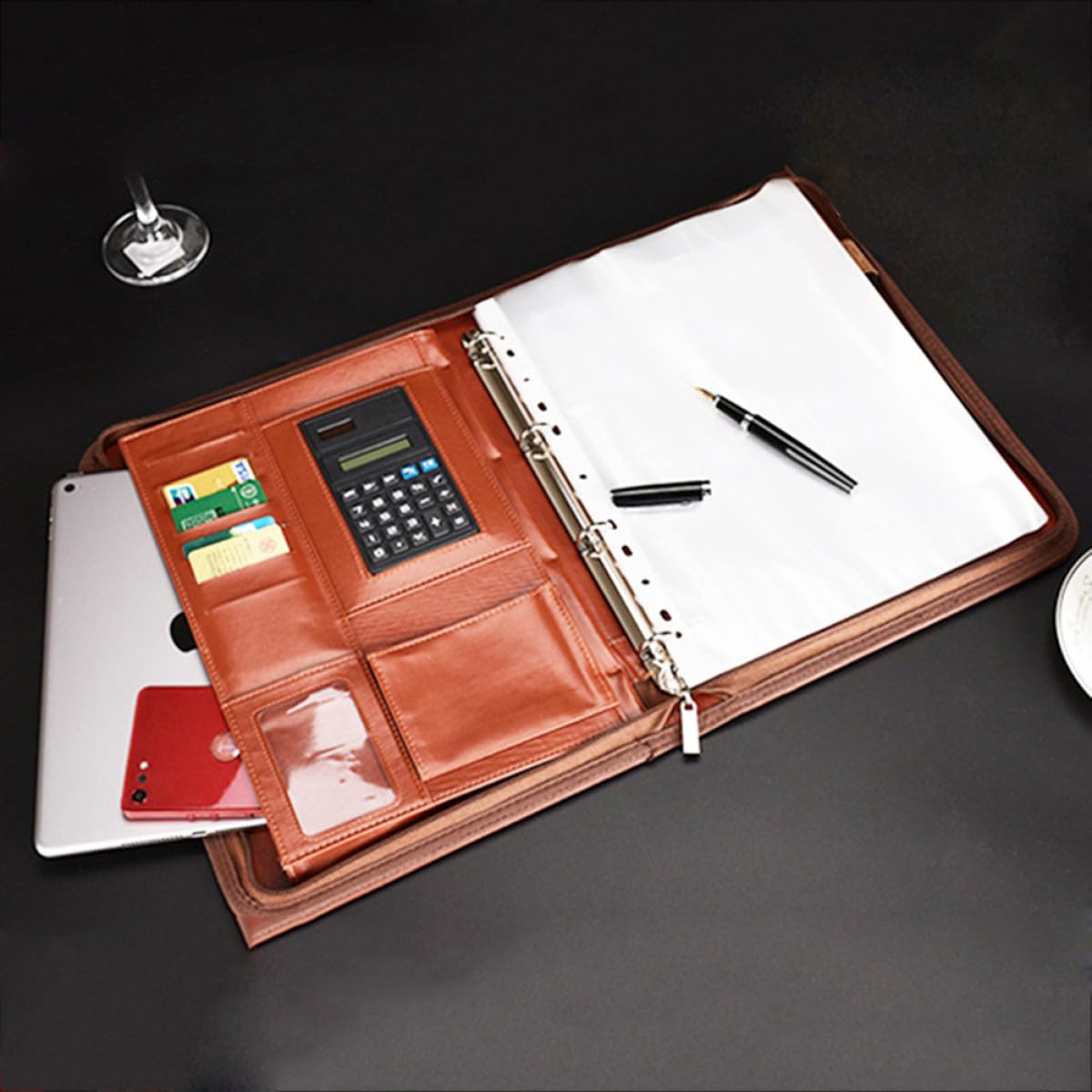 YARNOW Cartella Portadocumenti Multifunzionale con Chiusura a Cerniera in Pelle Pu Calcolatrice Integrata e Tasche Accessorie, per Ufficio Business Elegante