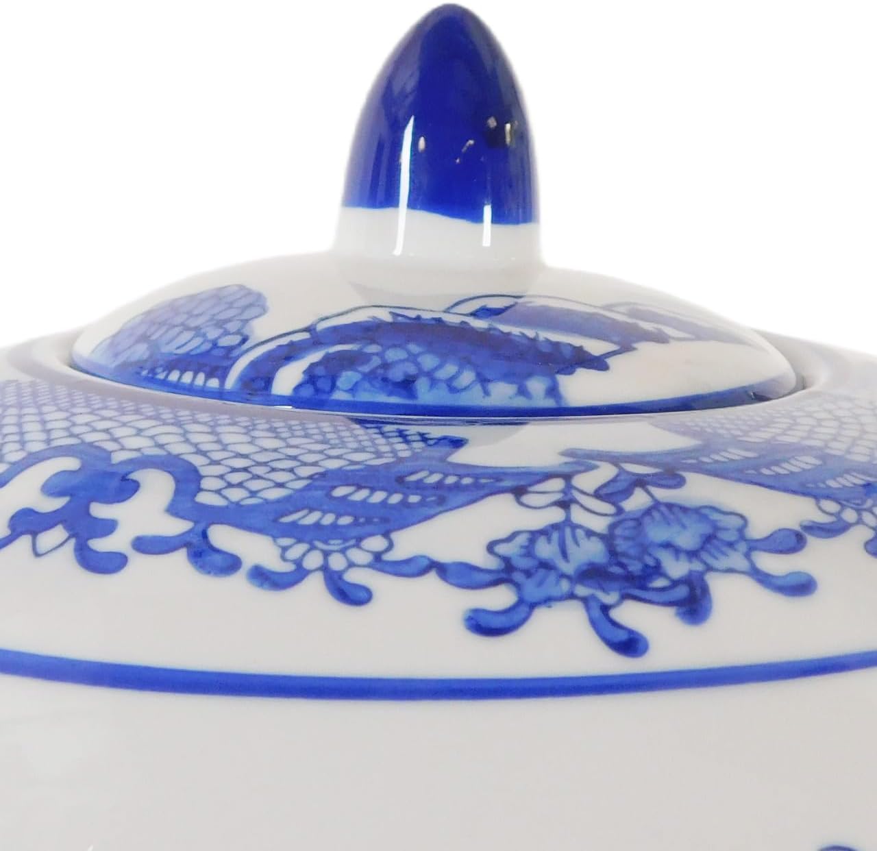 Oriental Furnishings Chinese Blue and White 11" High Porcelain Jar with Canton Landscape Painting and Lid