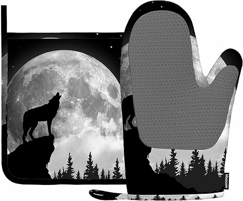 Mxocom Black Wolf Howling at The Moon - Manopla de horno y soporte para olla con estrellas de silicona en el cielo por la noche, resistente al