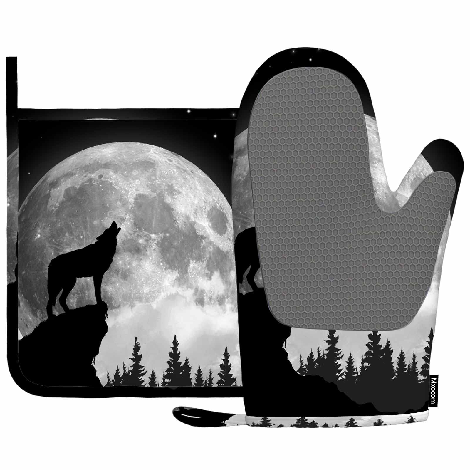 Black Wolf Howling at The Moon Oven Mitt and Pot Holder with Silicone Stars on The Sky in The Evening Heat Resistant Kitchen for Cooking BBQ Baking Grilling Spring/Summer