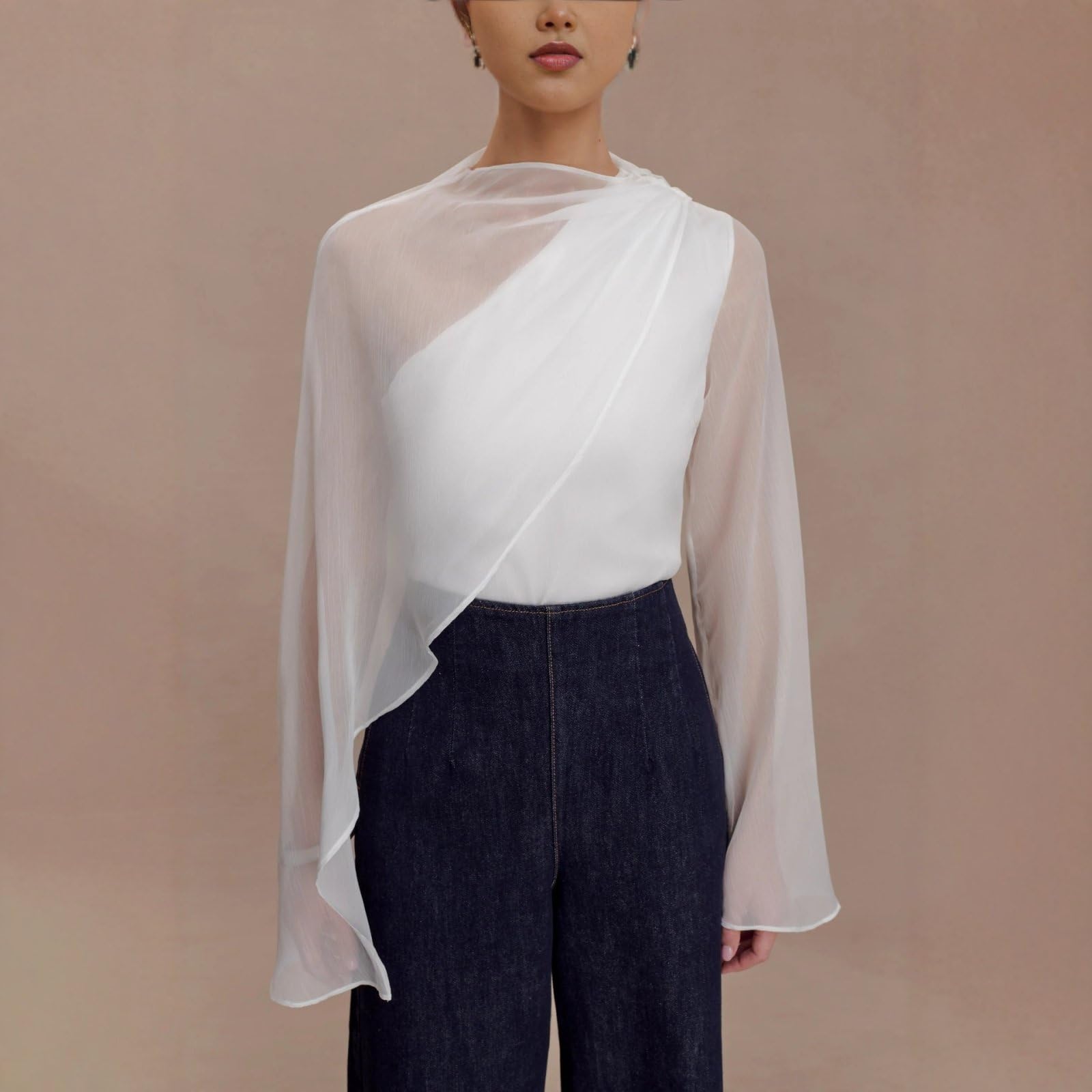 Blouse Pour Femmes À Manches Longues Fluides Coupe Slim Mode Sexy En Résille Châle Asymétrique