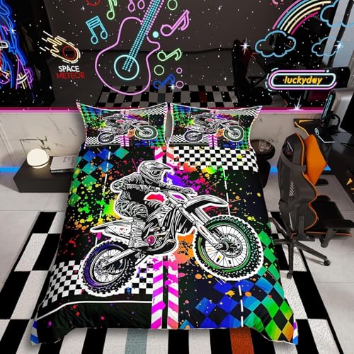 BJCJGGL 掛け布団カバー クイーン オートバイ 布団カバー 全開ファスナー 抗菌防臭 防ダニ 通気性 ポリエステル 布団カバー 210x210 cm + 2 枕カバー 43x63 cm