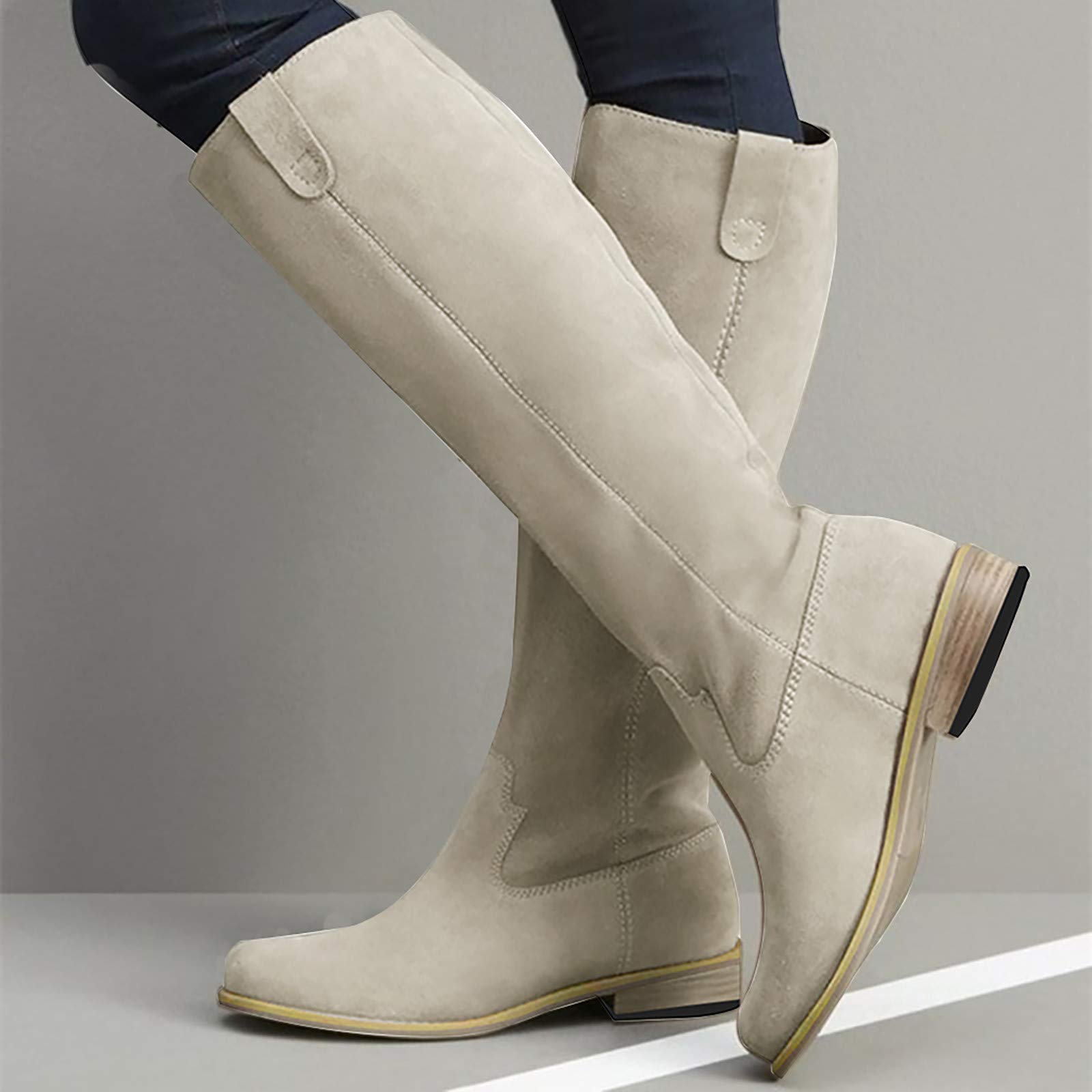 Stivali Donna Moda Pelle Tacco Basso Scarpe con Punta Tonda Slip-On Comodo Western