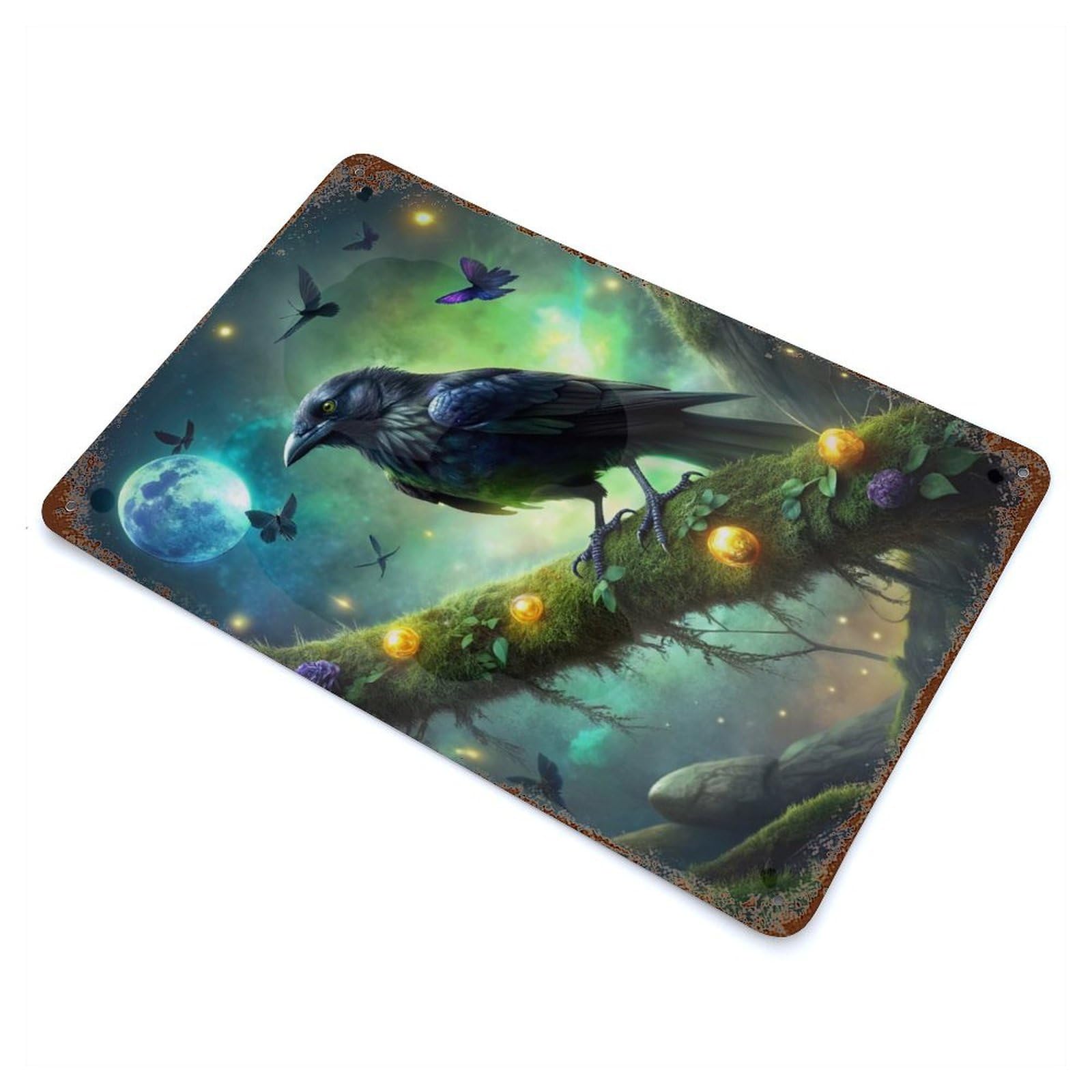 Rustic Tin Plaque Raven on Mossy Branch with Butterflies 11.8"x7.9", Rustic Home Decor for Office, Studio And Wall Decor