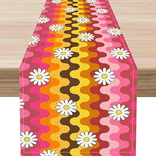 Camino de mesa de los años 70, diseño retro groovy hippie margarita, floral, rosa, amarillo, onda, decoración central para el hogar, cocina,
