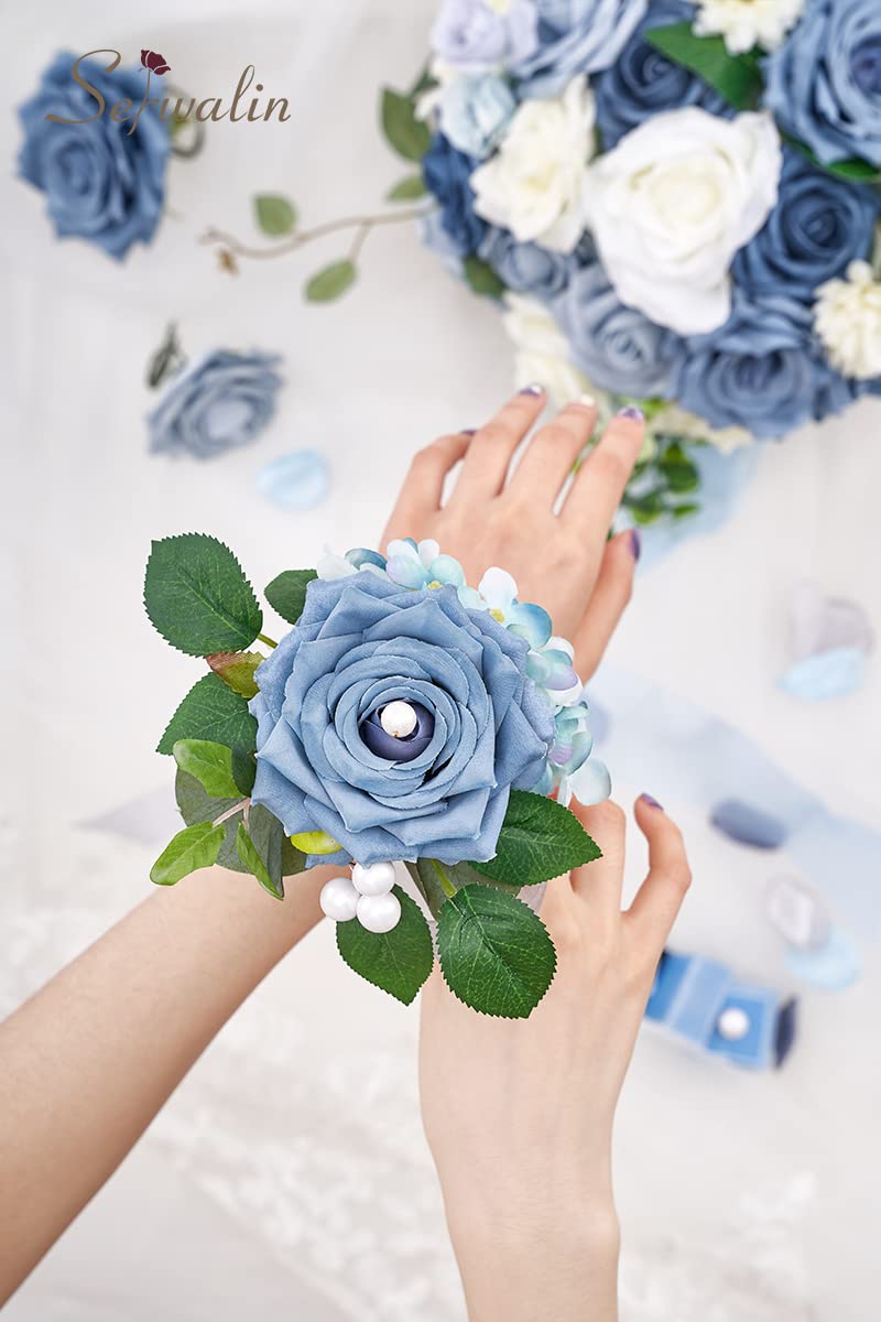 Serwalin Fiori artificiali per torta bouquet da sposa centrotavola per il giorno del Ringraziamento Peonia Rose Fiori di nozze Combo Fiori finti Boho per la (Blu&bianco)