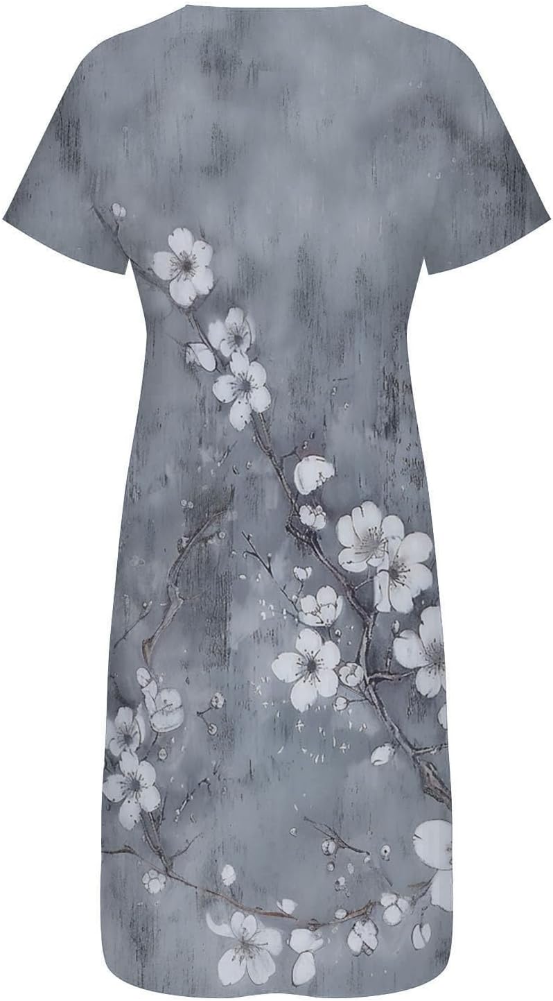 Boho Floral Dress for Women's Short Sleeve Button V Neck Dresses Vintage Casual Maxi Sundress Summer Beach Sundresses