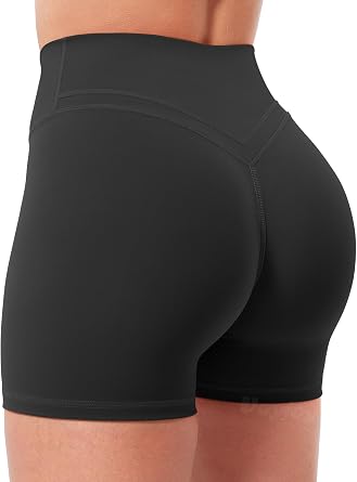 VOYJOY Women Workout Impact Yoga Shorts 4.5" V Cross No Front Seam High Waist Tummy Control Hidden Scrunch Biker Shorts